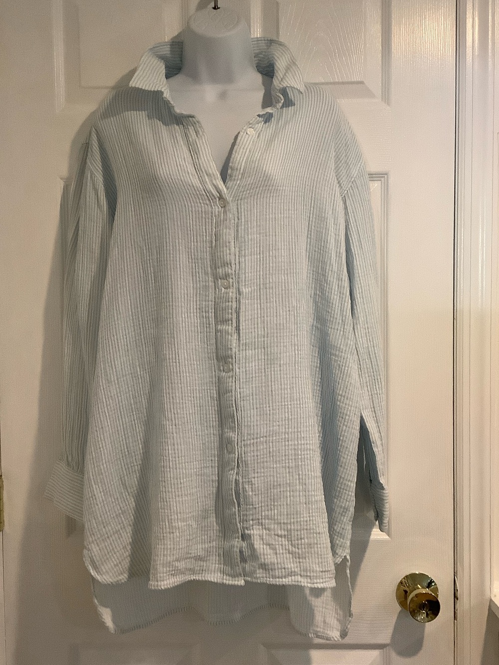 L.L.BEAN Womens Blue/White 100% Cotton Seersucker Coastal Beach Dress CoverUp XL